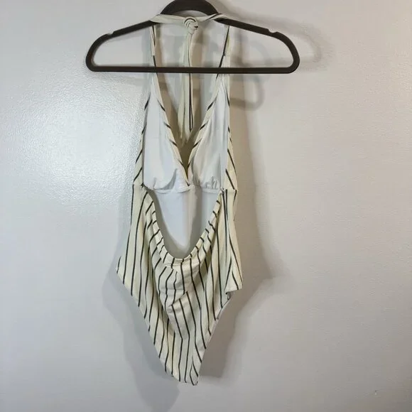 NWT Cupshe Swimsuit XXL / 2XL One Piece Alice Stripe Halter Cream Gray Padded - Picture 6 of 10